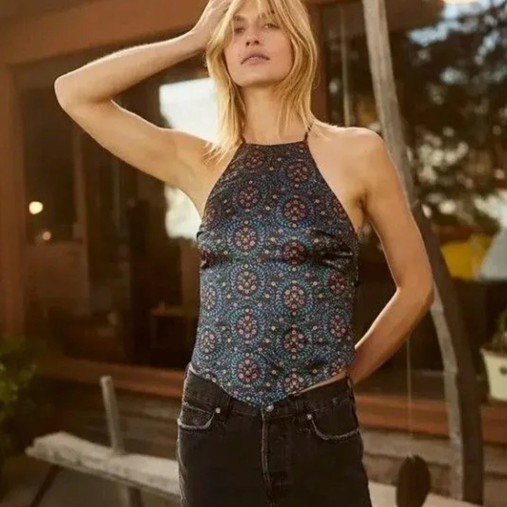 Free People Navy Halter Camisole with Medallion Print